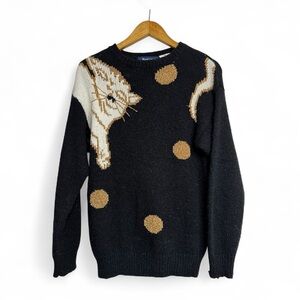 Bay Club Vintage Cat Sweater Metallic Knit Black Gold Small